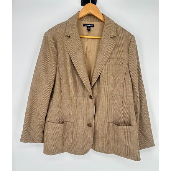 Lands End Beige Plaid Women Wool Cashmere Blazer Jacket 22W Preppy Twee Academic - Picture 1 of 8